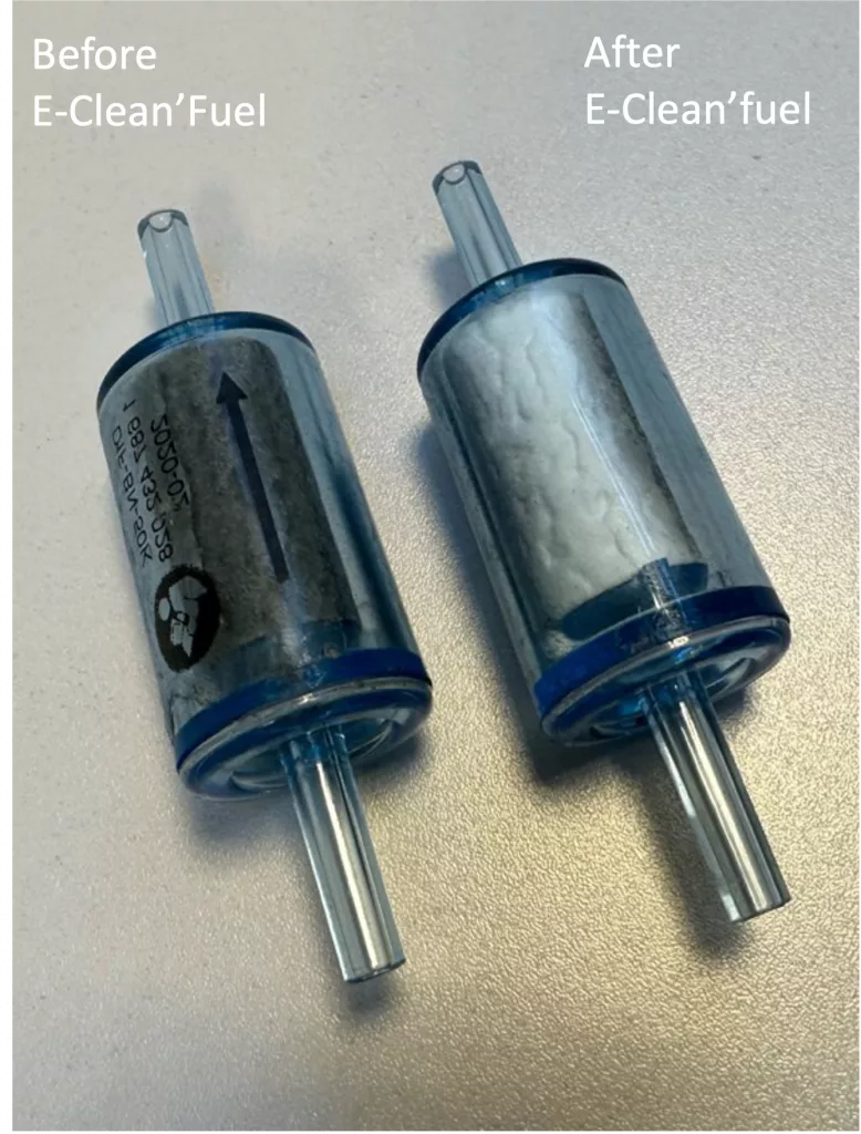 Filters from an emissions test showing before and after particulates caught be filter