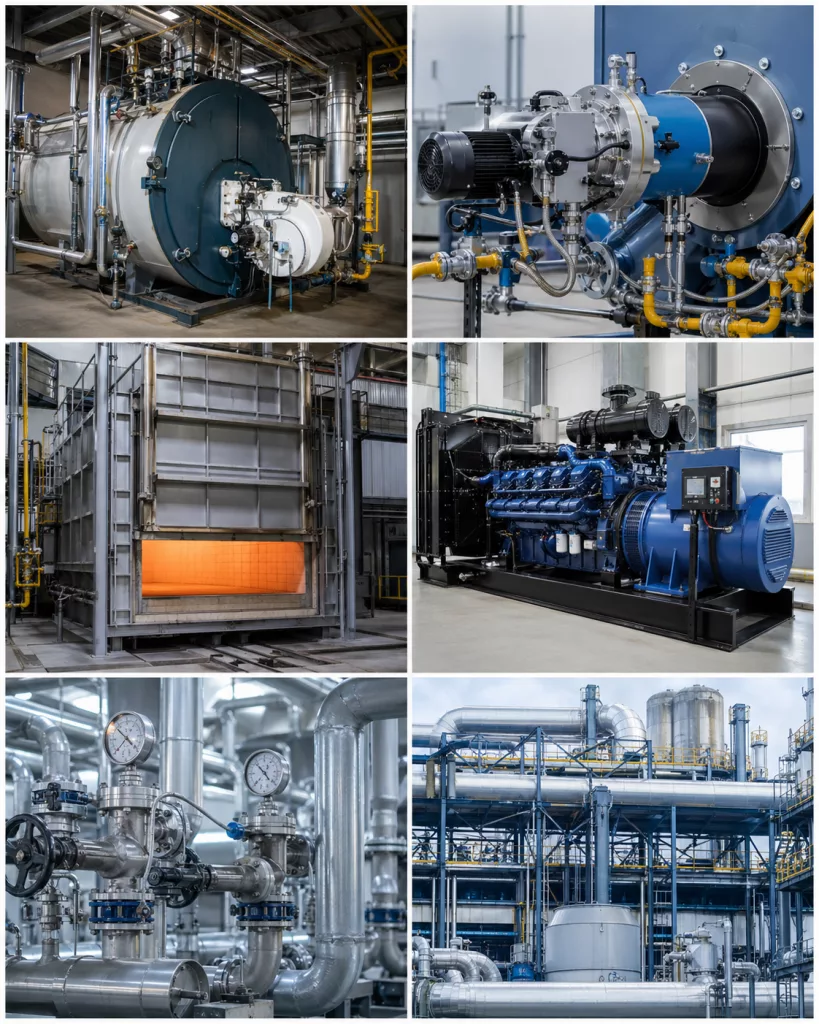 shows a mix of Industrial boiler and burner system for combustion efficiency