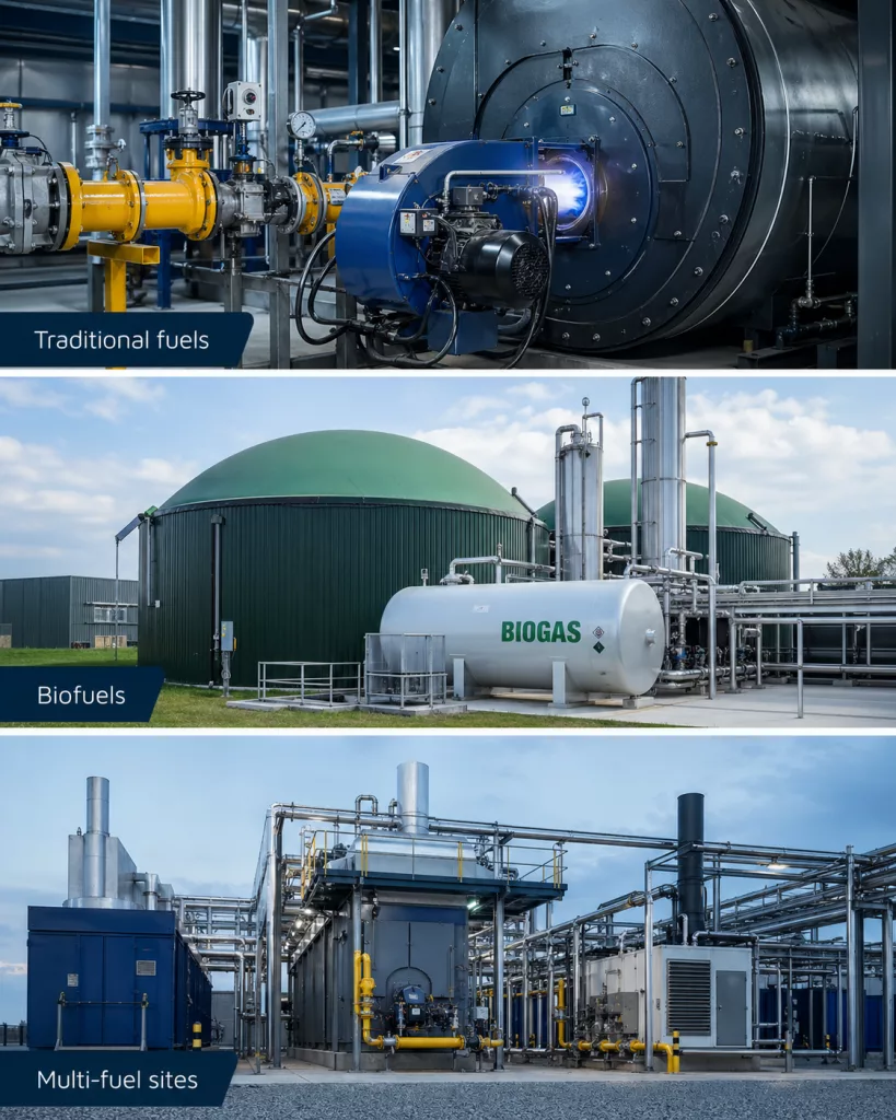 Show three potential fuels compatible for combustion efficiency 