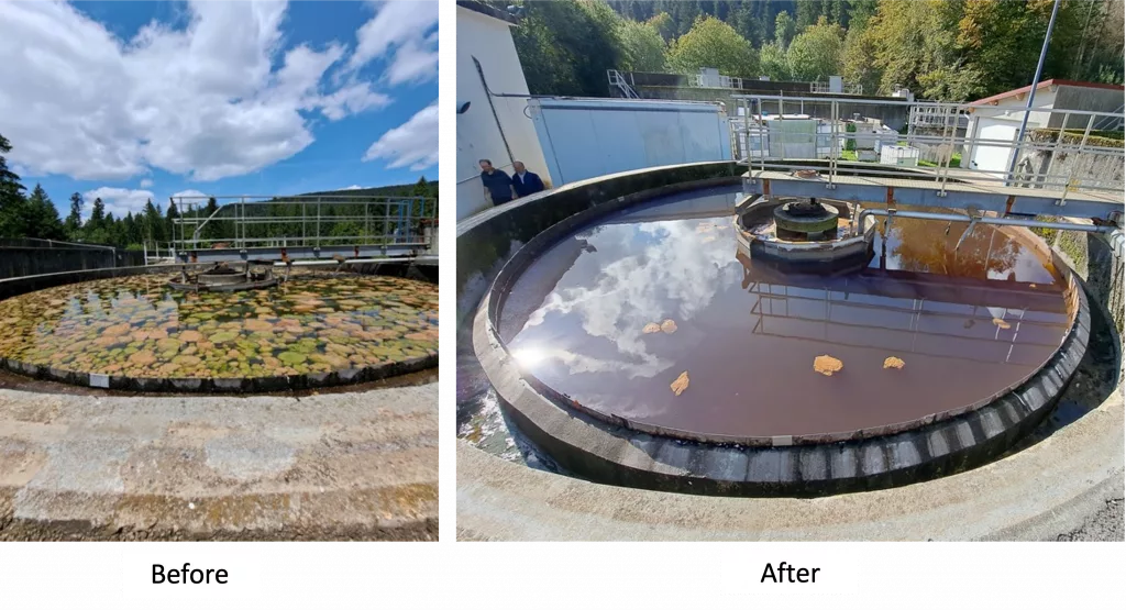 Before and after image of settlement tanks with improved water quality