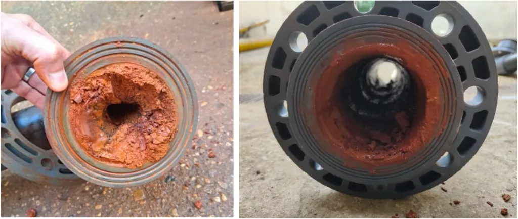 Iron rich water build up in pipework. Before and after image showing clear pipes after installation 