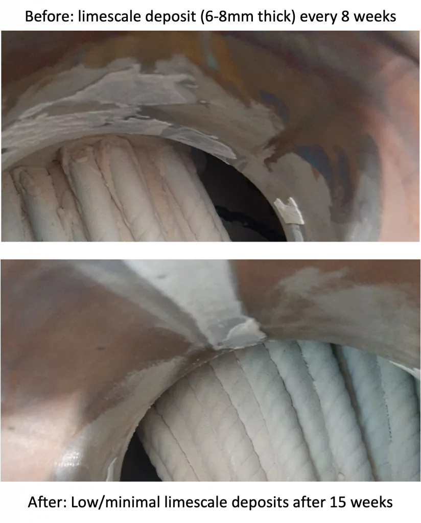 Before and after of limescale removed from tubular heat exchanger