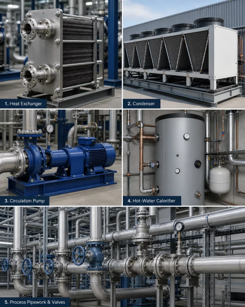 Critical water-side assets including heat exchanger condenser pump and calorifier