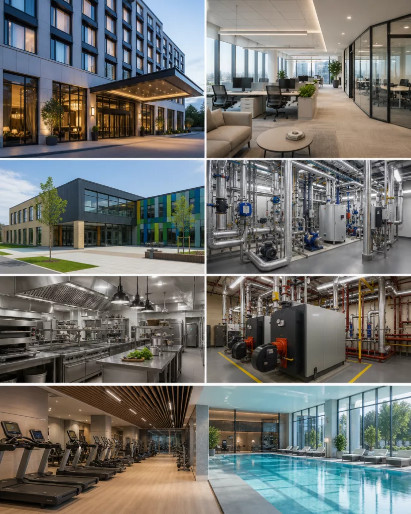 Building systems including hotel office school plant room kitchen boiler room and leisure facility